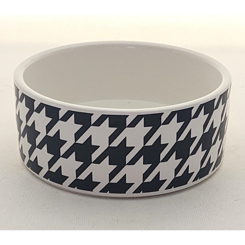 PET BOWL-PAW AND TAIL-White Black Houndstooth-Small/Medium-Food-Water-Ceramic